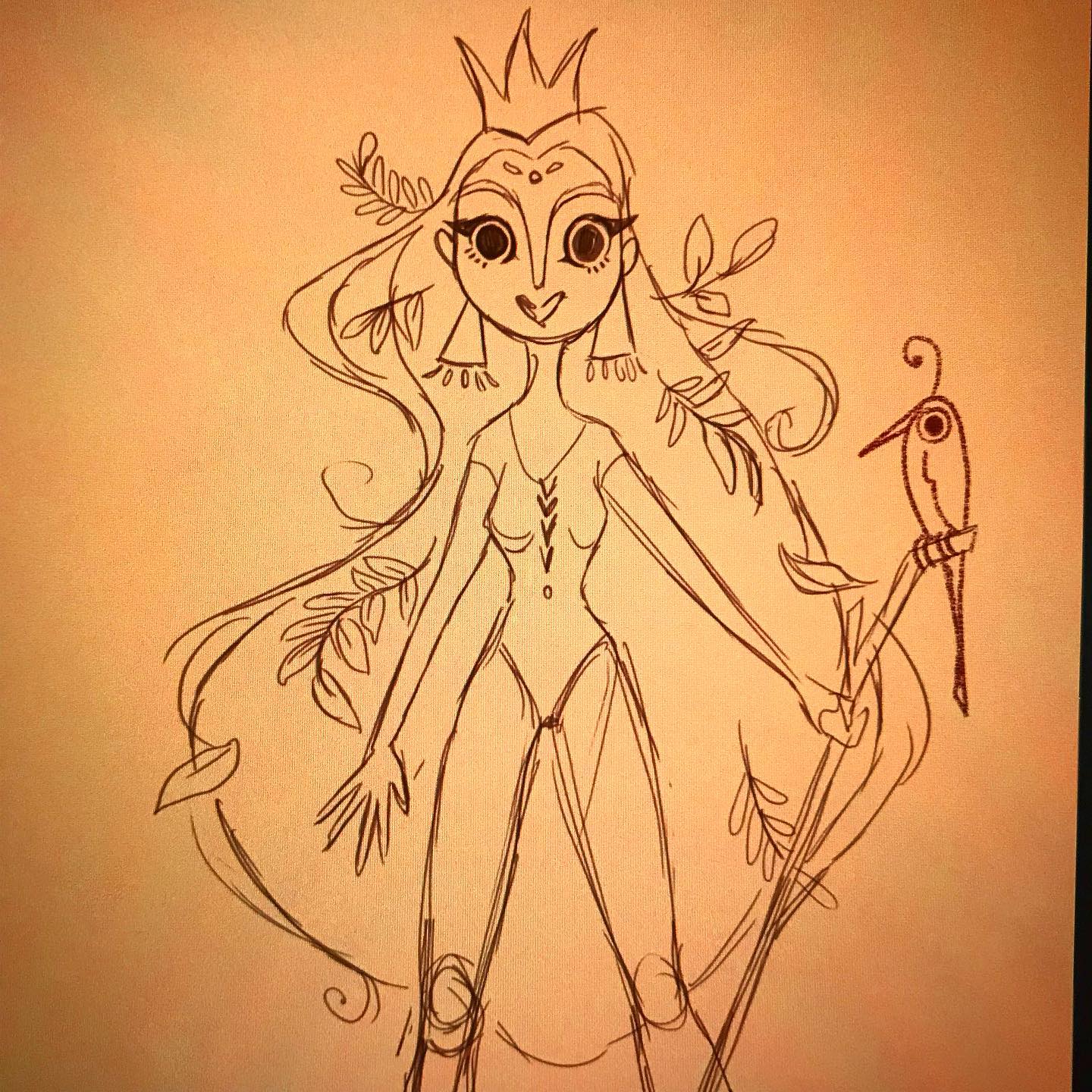 Ink sketch: girl with crown, leaves, and bird staff